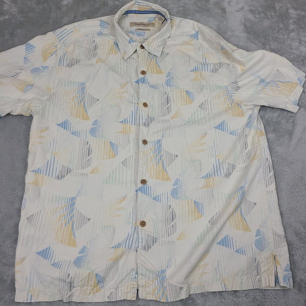 Tommy Bahama Silk Shirt Men Size Large Cream Blue Short Sleeve Hawaiian Shirt‎